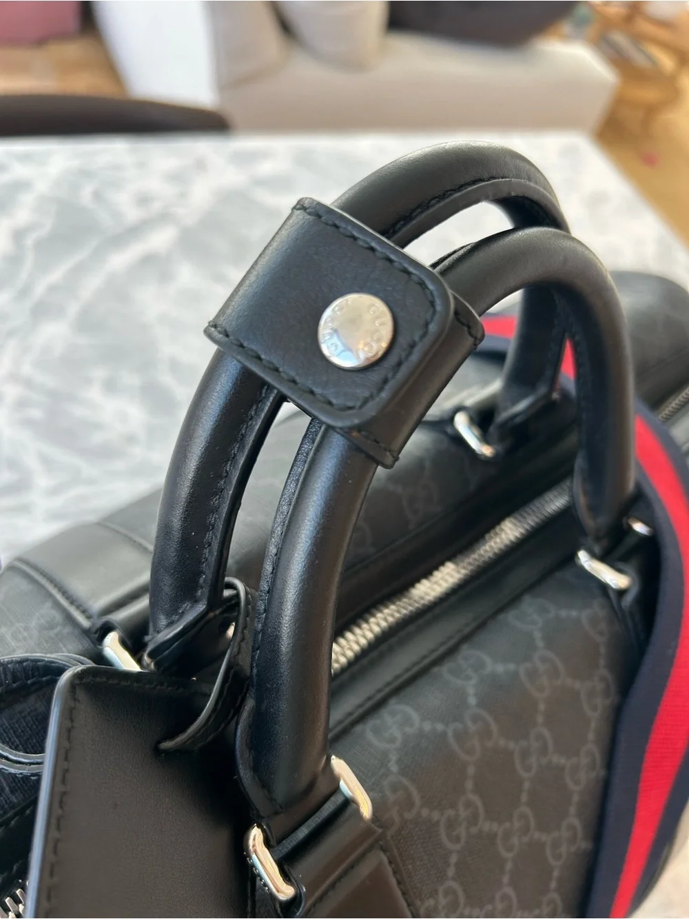 Gucci Black GG Supreme Duffel with Red and Navy Web Strap - Picture 4 of 15